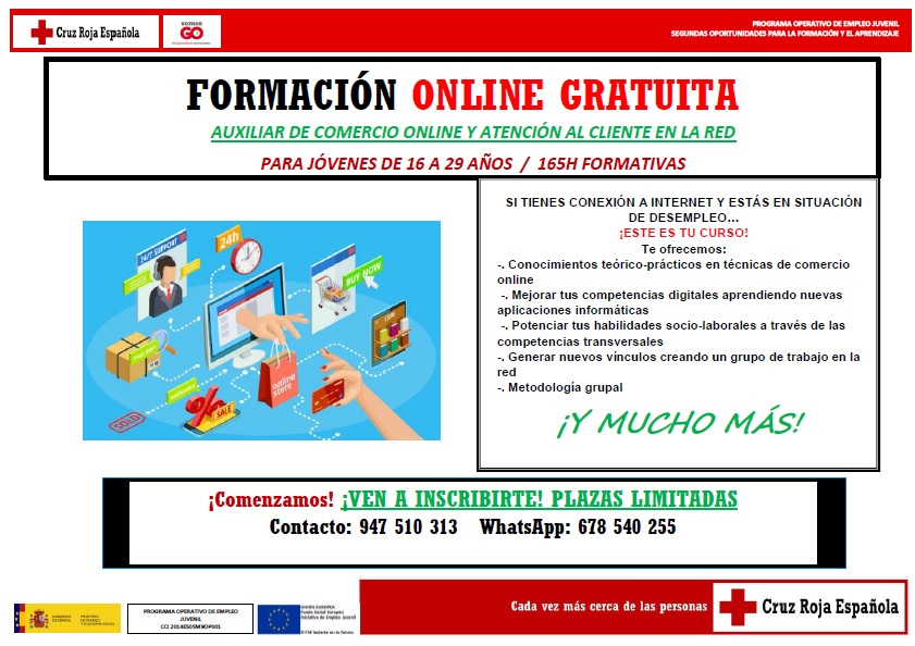 Curso “Auxiliar de comercio online y atención al cliente en la red» formación online gratuita destinada para  jóvenes de 16 a 29 años. Organizado por el área de empleo de Cruz Roja.